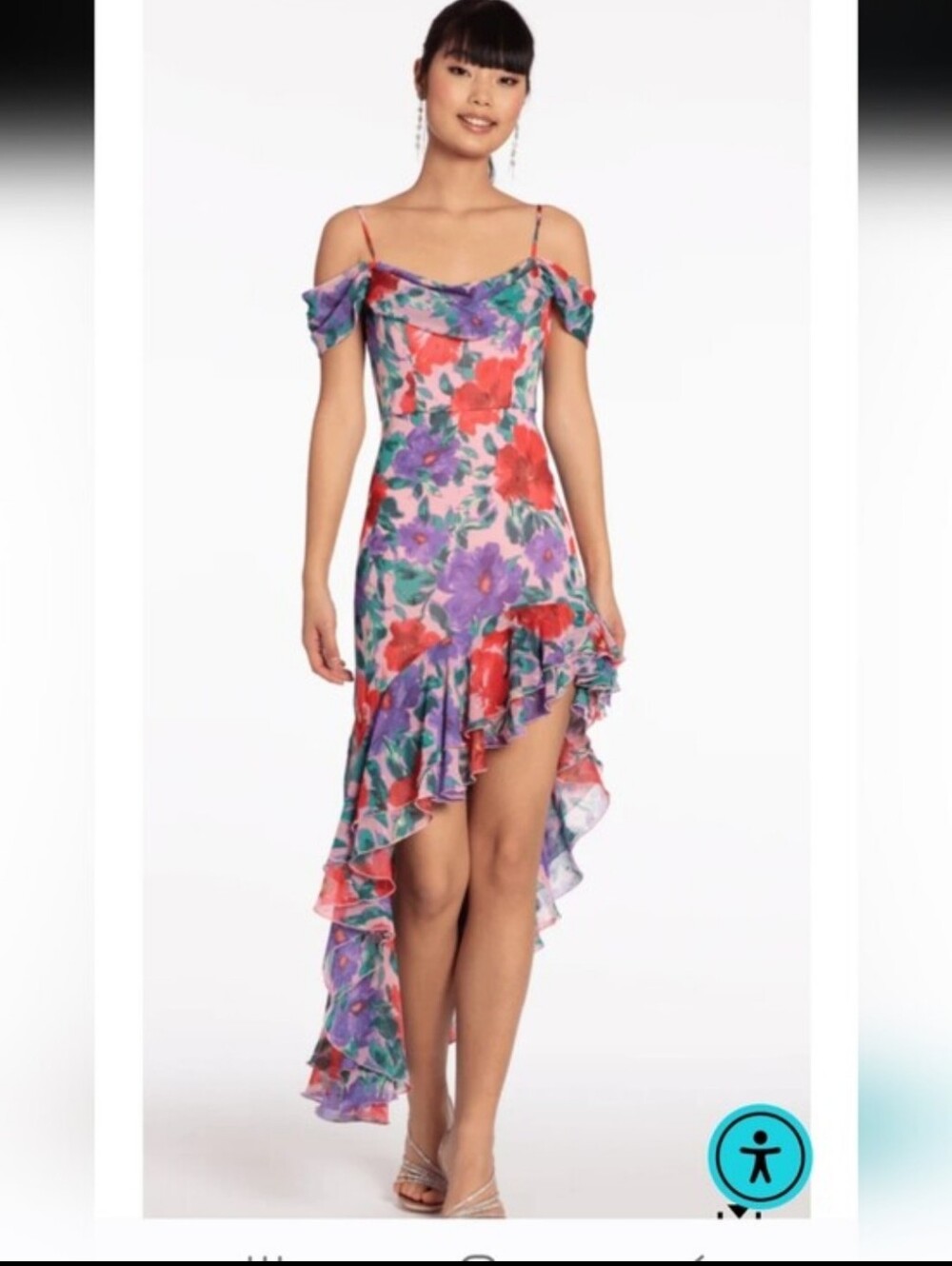 City Studio Floral High Low Dress Women's Large Pink Purple Ruffle Off Shoulder